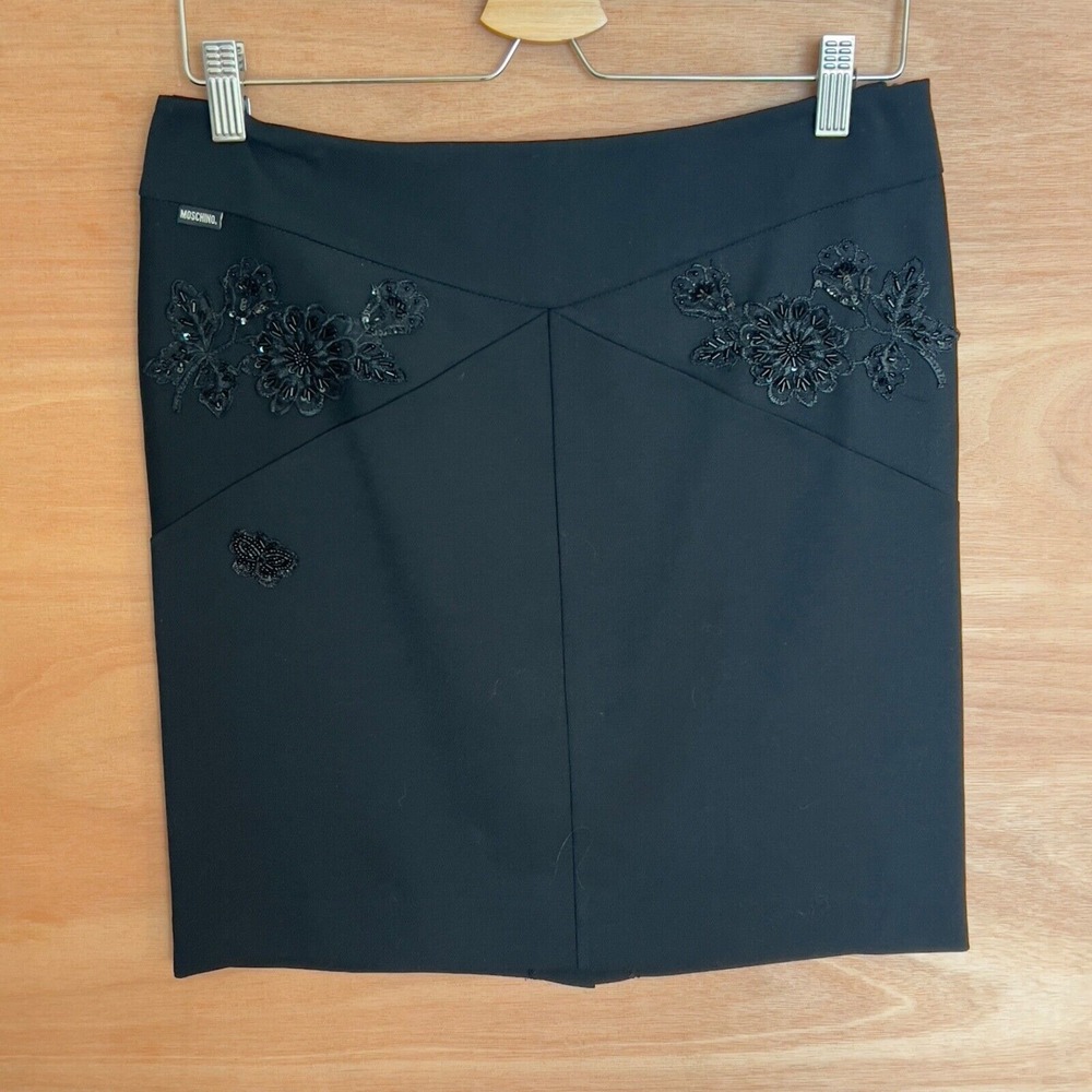 MOSCHINO Jeans Donna pencil‎ skirt women's US 10 black beaded floral wool blend